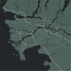 Map of Vancouver in Canada in a smooth dark style. Contains layered vector with roads water, parks, etc.