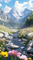 Tranquil stream flowing through stunning mountain and flowers image