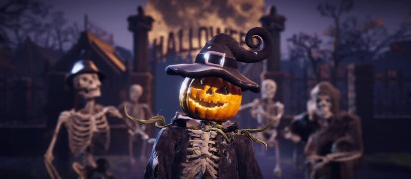 Halloween party: funny pumpkin and scary skeletons dances under full moon in misty ancient graveyard. 3D animated background for greeting cards, invitations, posters, events, parties
