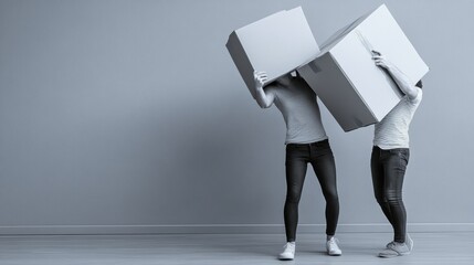 Two people holding boxes on their heads in a gray room, AI