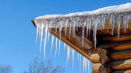 Fototapeta premium Icicles of various lengths hanging from the edge of a rustic wooden cabin roof, glistening against a clear, blue winter sky.