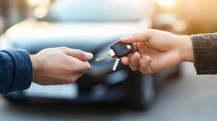 Obraz premium Handing over car keys during a vehicle purchase, symbolizing trust and ownership
