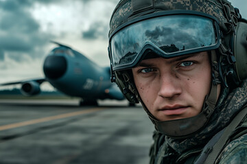 Military crew member in tactical gear at an airfield with airplane.