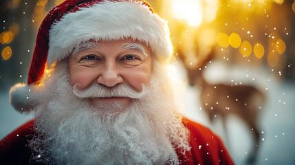 Smiling Santa Claus in the snow with Christmas decorations on the background. 