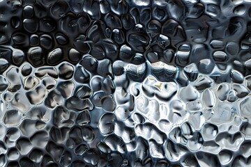 Obraz premium Seamless textured hammered metal surface, creating a visually striking pattern. The droplets vary in size and shape, reflecting light and creating a shimmering effect against a dark background.