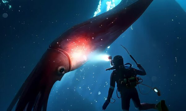 A diver encounters a giant squid in the deep blue ocean.