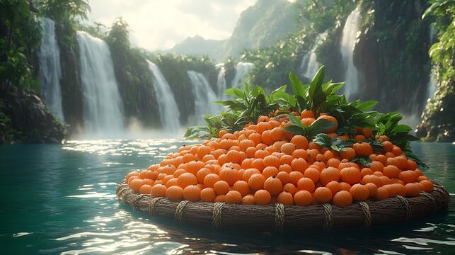 Wampee fruit creatively displayed large floating raft serene tropical lagoon vibrant green leaf distant waterfall softly blurred behind promoting serene untouched paradise Scientific name Clausena