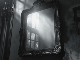 A haunted mirror with a ghostly reflection. 