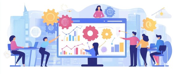 A group of business people working together in an office, with one person pointing at digital marketing tools like graphs and gears on the screen Generative AI