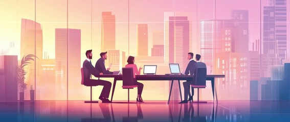 Business team working together on a project, office workers discussing ideas and using technology in the cityscape Generative AI