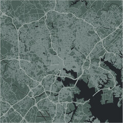 Map of Baltimore in Maryland in a smooth dark style. Contains layered vector with roads water, parks, etc.