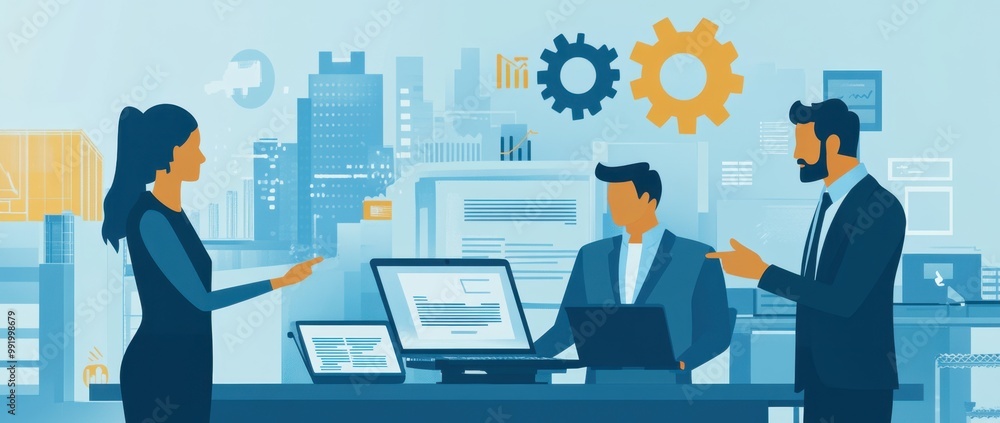 Poster an office team working together on a project, with digital graphics and gears floating above them in
