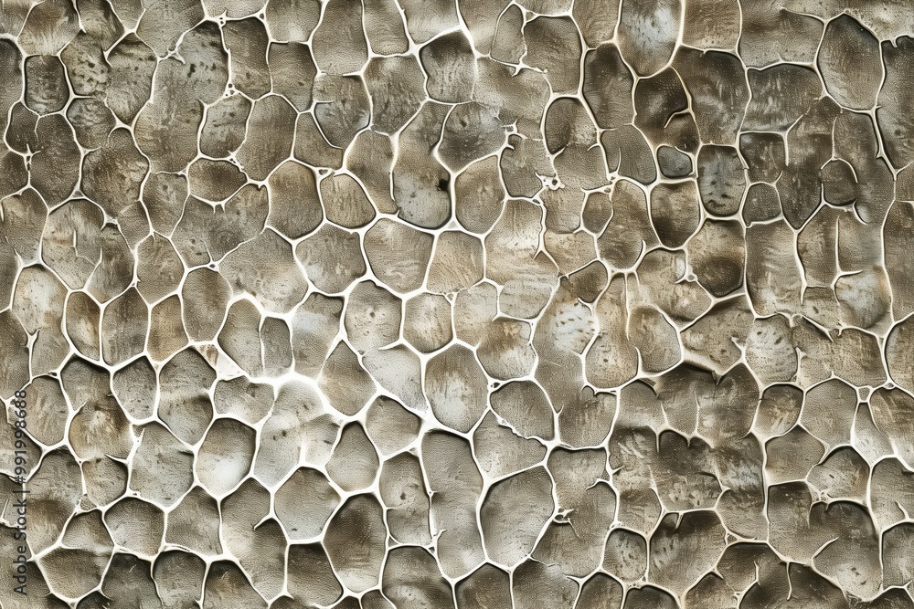 Poster seamless textured hammered metal surface resembling honeycomb, featuring irregular hexagonal shapes 