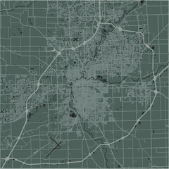 Map of Fort Wayne in Indiana in a smooth dark style. Contains layered vector with roads water, parks, etc.