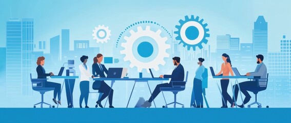 Business team working together on a project, a illustration of business people in an office with laptops and documents around a table, doing work at their desks Generative AI
