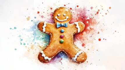 A charming Christmas gingerbread man, painted in a colorful watercolor style.