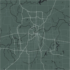 Map of Kansas City in Missouri in a smooth dark style. Contains layered vector with roads water, parks, etc.