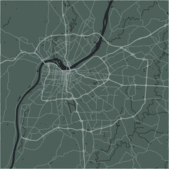 Map of Louisville in Kentucky in a smooth dark style. Contains layered vector with roads water, parks, etc.
