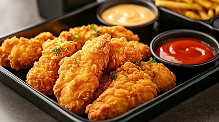 A platter of crispy fried chicken tenders with a crunchy exterior and tender juicy meat inside served with a side of tangy barbecue sauce on wooden table Generative Ai