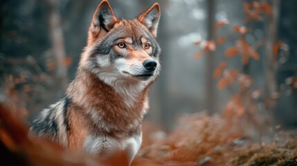 Obraz premium A close up of a wolf looking off into the distance, AI