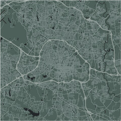 Map of Raleigh in North Carolina in a smooth dark style. Contains layered vector with roads water, parks, etc.