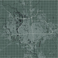Map of Wichita in Kansas in a smooth dark style. Contains layered vector with roads water, parks, etc.
