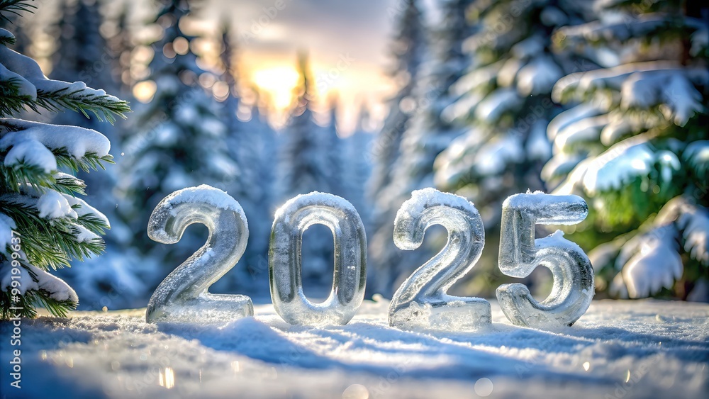 Poster ice numbers 2025 in snowy landscape with evergreen trees and sunlight glowing through, creating chee
