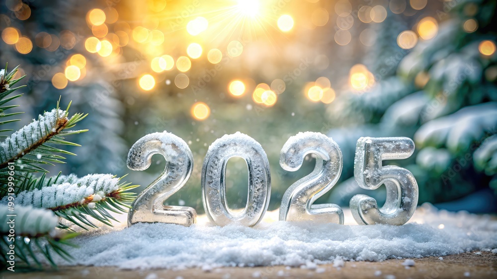 Aufkleber 2025 new year celebration with frosted 3d numbers in snow surrounded by lush pine branches and a bea
