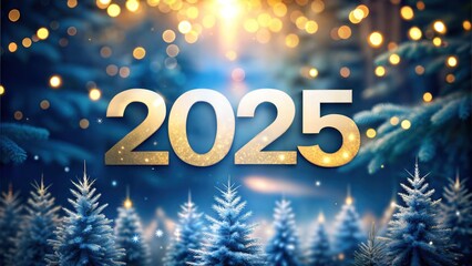 2025 New Year Celebration with Sparkling Golden Numbers Surrounded by Frosty Blue Christmas Trees and Warm Bokeh Lights Creating Joyful Atmosphere Full of Hope and Fresh Beginnings
