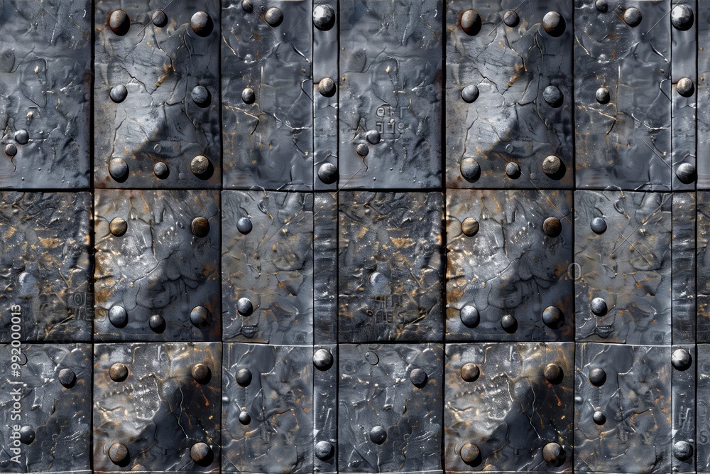 Poster a seamless textured metal armor surface featuring large, rectangular plates with visible rivets. the