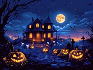 Fototapeta premium Halloween pumpkins lighting the way to a mysterious house next to a cemetery