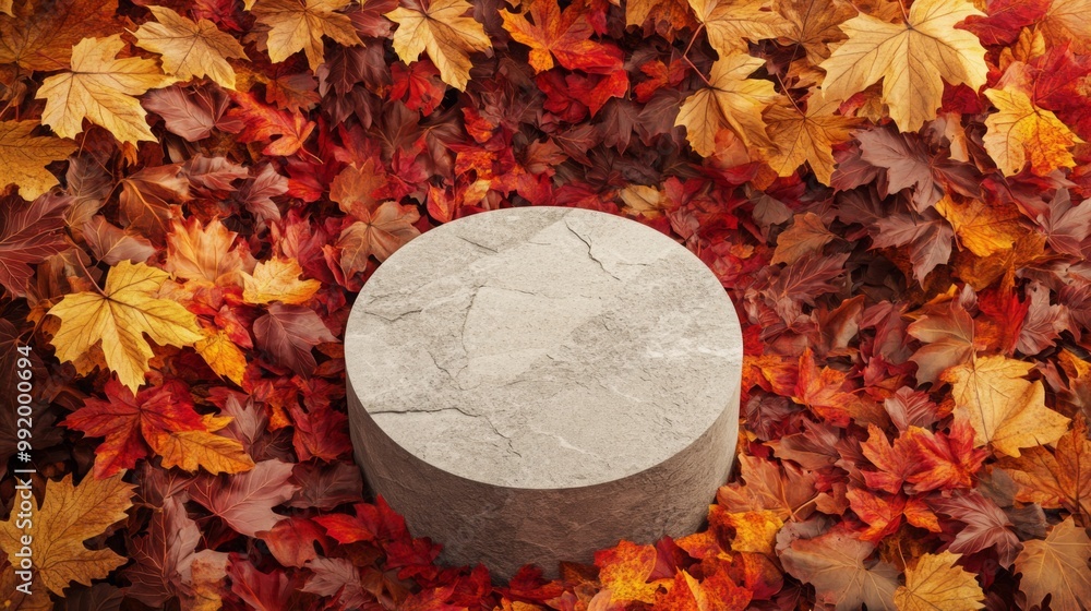 Poster The scene features a smooth, circular stone placed at the center, surrounded by a colorful array of orange, red, and yellow autumn leaves, creating a tranquil atmosphere in nature.