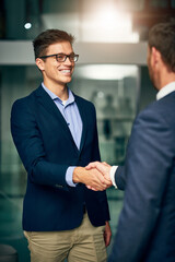 Smile, business people or shaking hands for welcome, introduction or greeting in office. Handshake, deal or team in agreement for collaboration, b2b partnership or negotiation success with pr officer