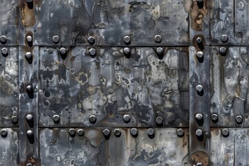 Seamless textured metal armor surface featuring riveted plates. The metal shows signs of wear, with...