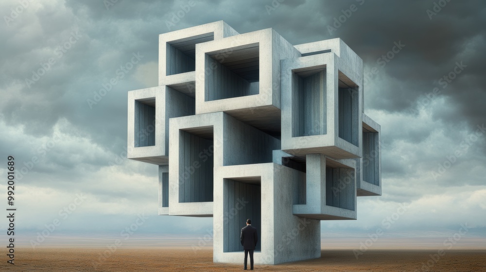 Poster A man standing in front of a cube shaped building, AI