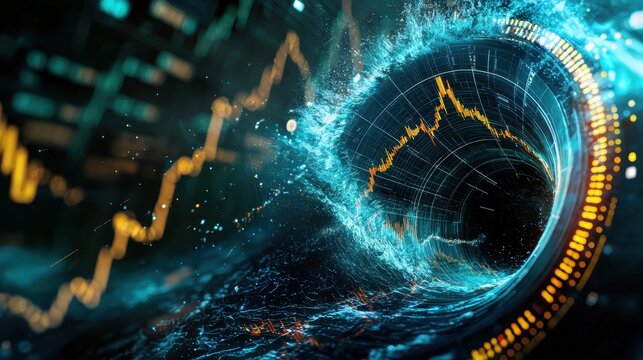 Chaos on the Charts: Storm Surge Impacting Stock Market Graph in Abstract Doodle Style with Copy Space for Text