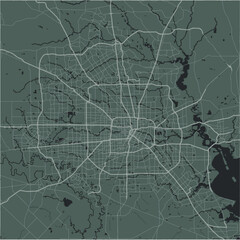 Map of Houston in Texas in a smooth dark style. Contains layered vector with roads water, parks, etc.