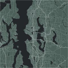 Map of Seattle in Washington in a smooth dark style. Contains layered vector with roads water, parks, etc.