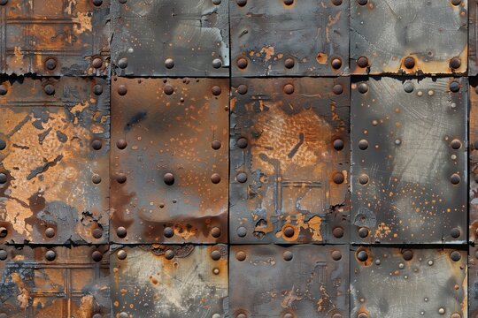 Seamless weathered metal armor surface featuring rusted plates with rivets. The surface displays a mix of orange rust, dark gray, and black tones, showcasing signs of wear.