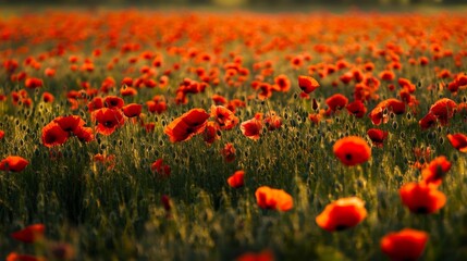 Fototapeta premium Crimson poppy field blankets landscape in early summer.