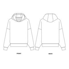 Flat sketch of basic hoodie, front and back view. Fashionable hooded jacket template, vector. Technical drawing of a long sleeve sports sweatshirt.