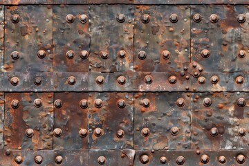 Fototapeta premium Seamless weathered metal armor surface featuring rusted steel plates joined by rivets. The texture shows signs of corrosion and wear, with a mix of brown and gray tones.