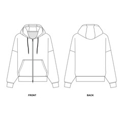 Flat sketch of basic hoodie with zipper, front and back view. Fashionable hooded jacket template, vector. Technical drawing of sports sweatshirt with pockets. 