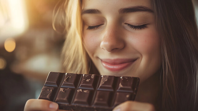Joyful woman savoring a piece of chocolate, indulging in a sweet moment of bliss