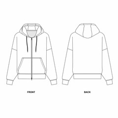 Flat sketch of basic hoodie with zipper, front and back view. Fashionable hooded jacket template. Technical drawing of sports sweatshirt with pockets.  © Iryna