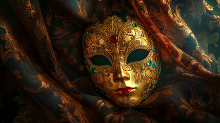 Baroque Gold and Crimson Masquerade Mask with Velvet Backdrop