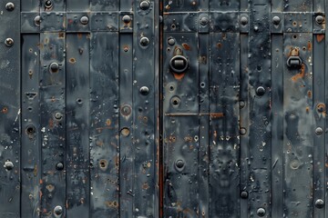 Fototapeta premium Old, weathered metal door with a dark blue paint finish. The surface shows signs of rust, peeling paint, and various textures, highlighting its age and wear. 