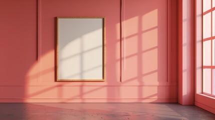 A blank frame hangs on a wall in a sunlit room, the warm light casting shadows on the walls.