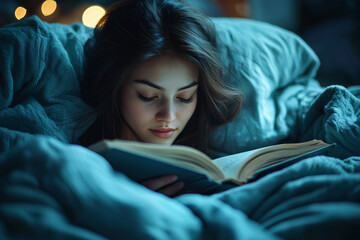 A person in bed reading a relaxing book before turning off the lights. Concept of unwinding before sleep.