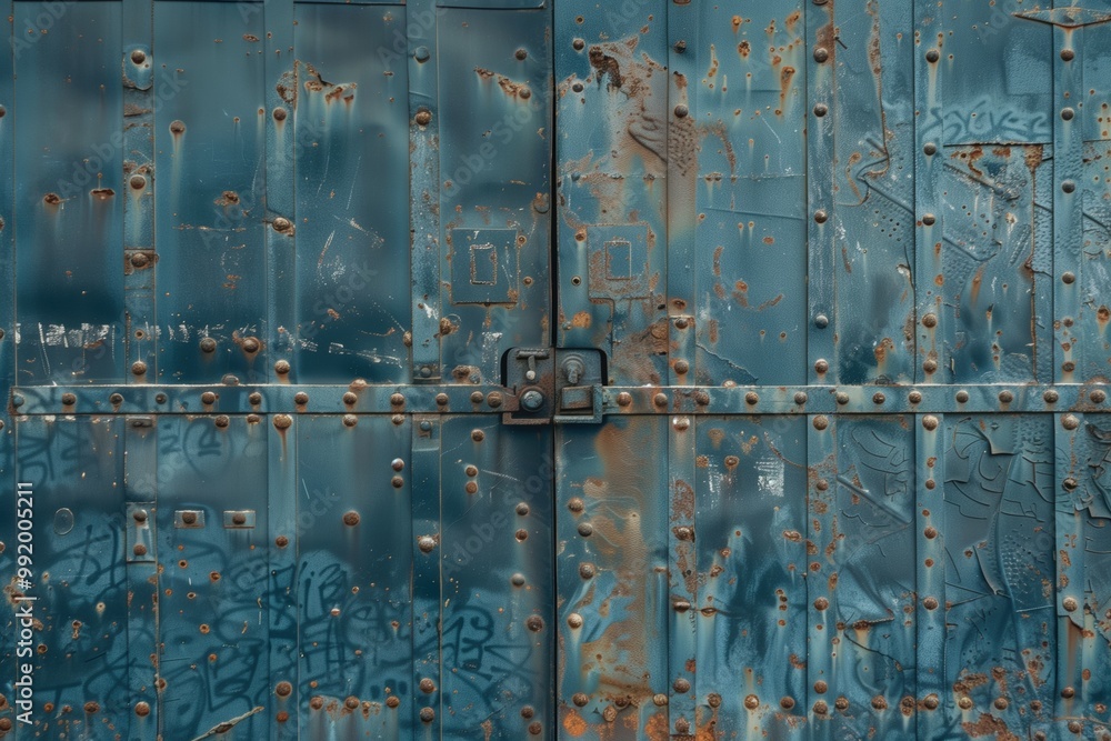 Poster a weathered blue metal gate with rust and graffiti. the gate features a central lock and is adorned 